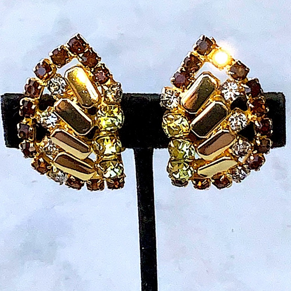 HOBE EARRINGS CLIP 1 1/2 INCH VINTAGE GOLD BARS WITH YELLOW BROWN CLEAR CRYSTALS